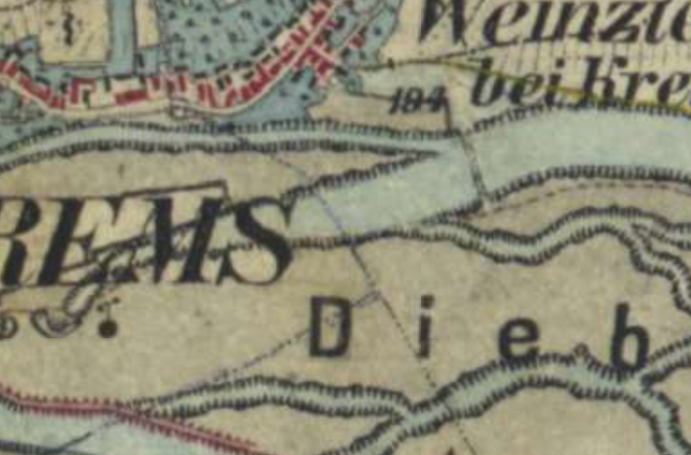 Alte Schraffenkarte: Krems und Weinzierl bei Krems, dazwischen das Augebiet mit verzweigten Wasserläufen