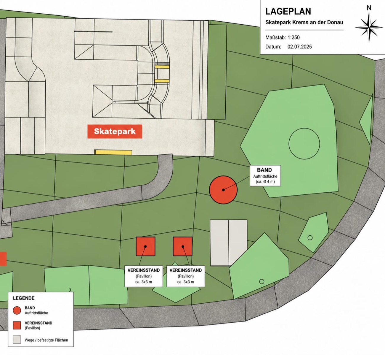 Lageplan des Skateparks Krems mit eingezeichneter Bühne und Verkaufsständen